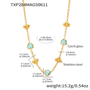 Detailed size chart for gold heart necklace with blue glass on white background