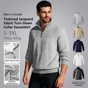 Men Quarter Zip Sweatshirt Stand Collar Textured Knit Jacquard Pullover Casual Retro Style Long Sleeve