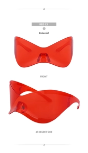 Front and 45-degree side view of red oversized polarized Y2K wrap sunglasses