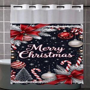 Detail of Christmas shower curtain featuring Merry Christmas text and festive holiday ornaments