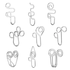 Set of nine silver wire-wrapped stainless steel fake nose rings in various spiral designs