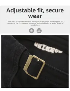 Detail of adjustable metal buckle on black cotton baseball cap for custom fit