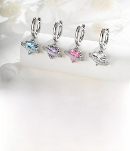 Detailed specs of heart planet hoop earrings with 8mm inner diameter and colorful zircons