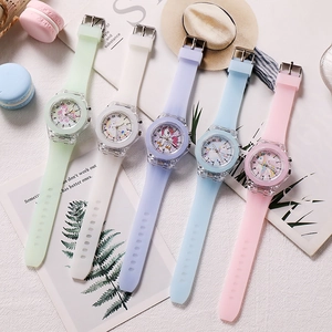 Cartoon unicorn luminous kids quartz watches with flexible silicone straps in five colors