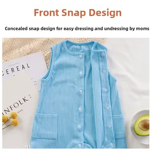 Flat lay of light blue ribbed cotton baby romper with buttons and decorative pockets