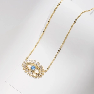 S925 sterling silver evil eye necklace with gold finish and blue zircon stones