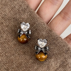 Vintage Heart Zircon Bow Tiger Eye Stud Earrings With 925 Sterling Silver Earring Post Retro Maillard Style Women