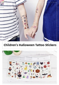 Close-up of Halloween kids temporary tattoos featuring cartoon pumpkins and ghosts