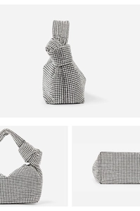 Detailed views of a silver rhinestone evening bag showing knotted handle and base texture
