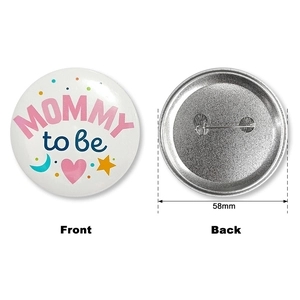 Baby shower tinplate badge 58mm Mommy to Be pin with front and back views