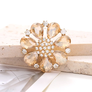 Detailed macro view of champagne gemstone flower shoe charm with sparkling rhinestones