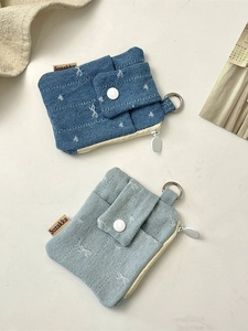 Quilted denim card holder wallets in dark and light blue with zipper and snap button closure