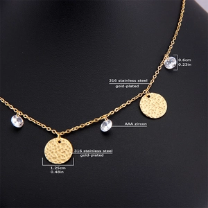 Gold stainless steel cross necklace with hammered disc and AAA zircon pendant