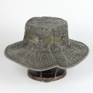Men's outdoor wide brim grey-green sun hat with breathable mesh and adjustable chin strap