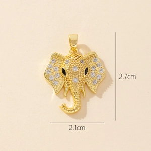 Detail view of a 2.7x2.1cm gold-plated elephant pendant with white cubic zirconia stones