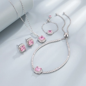 Macro shot of S925 sterling silver stamp on pink square gemstone jewelry set