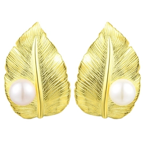 Elegant 925 sterling silver gold leaf stud earrings with white round pearls for women