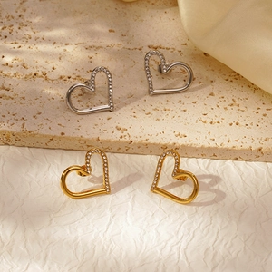 Boucles D'Oreilles Cœur Acier Inoxydable Avec Tige En Or 18K Et Strass Bijoux De Mode Pour Femmes