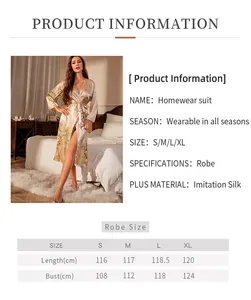 Detailed size chart for elegant floral print long sleeve robe in satin finish
