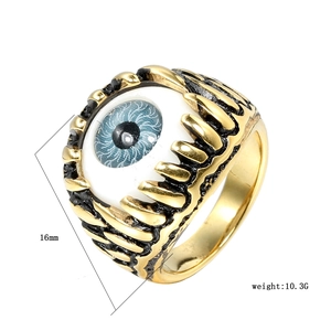 Punk vintage stainless steel ring with realistic blue devil eye and golden claws