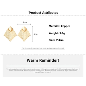 Detailed specs of gold diamond-grid drop earrings made of copper with 9.9g weight