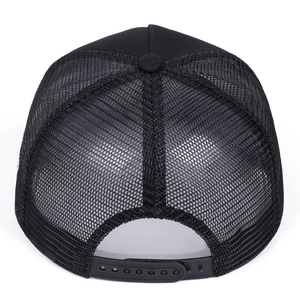 Adjustable black trucker snapback hat featuring breathable mesh back and classic solid front