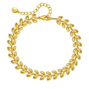Polished 18K gold plated wheat ear link bracelet with adjustable lobster clasp