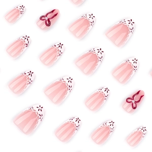 Almond fake nails with white lace patterns and 3D red bow accents on white background