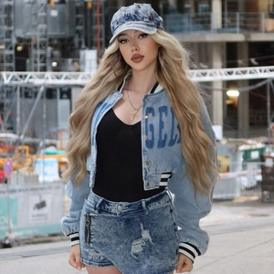 Women Cropped Bomber Jacket Polyester Denim Texture Striped Ribbed Trim Los Angeles Print Button Front Casual Sweatshirt