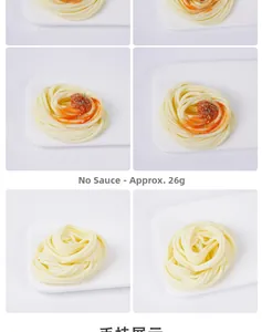 Vues détaillées de modèles de pâtes artificielles avec sauce rouge et poids de 26g