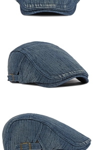 Dettagli del berretto in denim lavato con texture vintage e fibbia in metallo regolabile