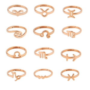 Set of 12 rose gold stainless steel zodiac rings with adjustable open band design