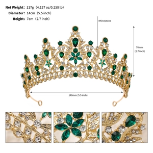 Detailed view of gold bridal crown dimensions with green rhinestones and crystal inlay