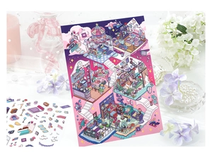 Detail of DIY dollhouse stickers and scenery card with elegant purple room interior setup