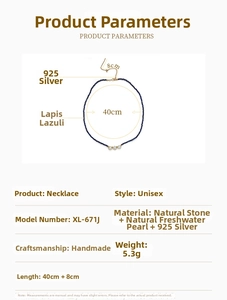 Detailed size and material guide for blue lapis and pearl beaded necklace in 925 silver