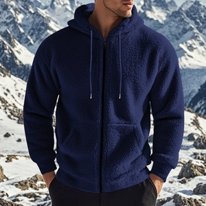 Detailed close-up of navy blue hooded fleece jacket for men with high-quality zipper and texture
