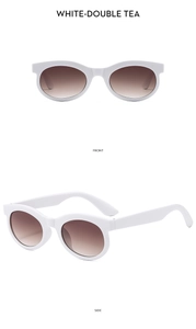 Detail of white oval sunglasses with gradient tea lenses from front and side angles