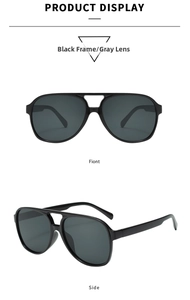 Front and side views of oversized black aviator sunglasses with dark gray lenses