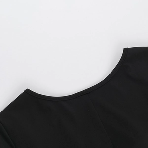 Detail shot of the reinforced crew neck stitching on a black long sleeve dress