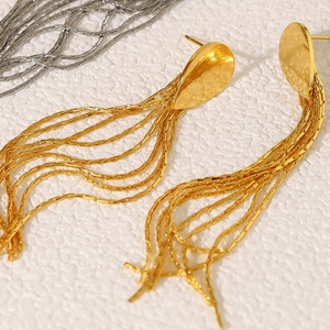 18K gold-plated stainless steel teardrop stud earrings with long metal tassels