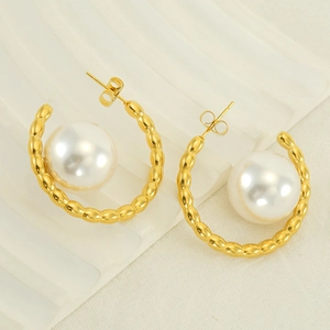 French vintage style gold plated stainless steel hoop earrings with large white pearl