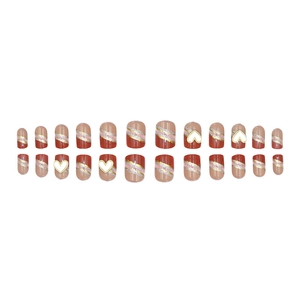 Chic 24pcs press-on nails with brick red and nude pink colors and 3D heart rhinestones