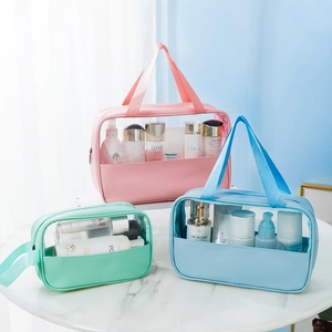 Large capacity transparent PVC makeup bag set with leather bottom for travel storage