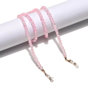 Pink crackle glass bead eyewear chain with gold lobster clasps and silicone loops