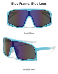 Detail view of blue sport sunglasses showing front and 45-degree side angle with blue lenses