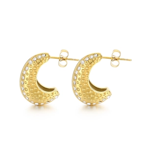 18K gold plated C-shaped earrings with crescent moon texture and sparkling rhinestones