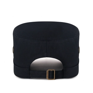 Rear view of breathable cotton flat top military cap with adjustable bronze metal buckle