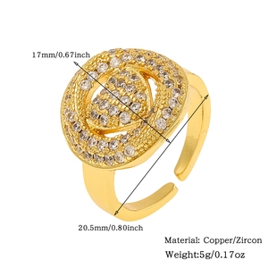 Detailed view of adjustable gold copper ring with zircon inlay and product dimensions