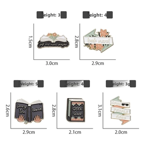 Detailed size and weight guide for diverse book-themed enamel pins with floral designs