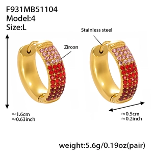 Detail showing 1.6cm gold stainless steel hoop earrings with pink gradient zircon inlay